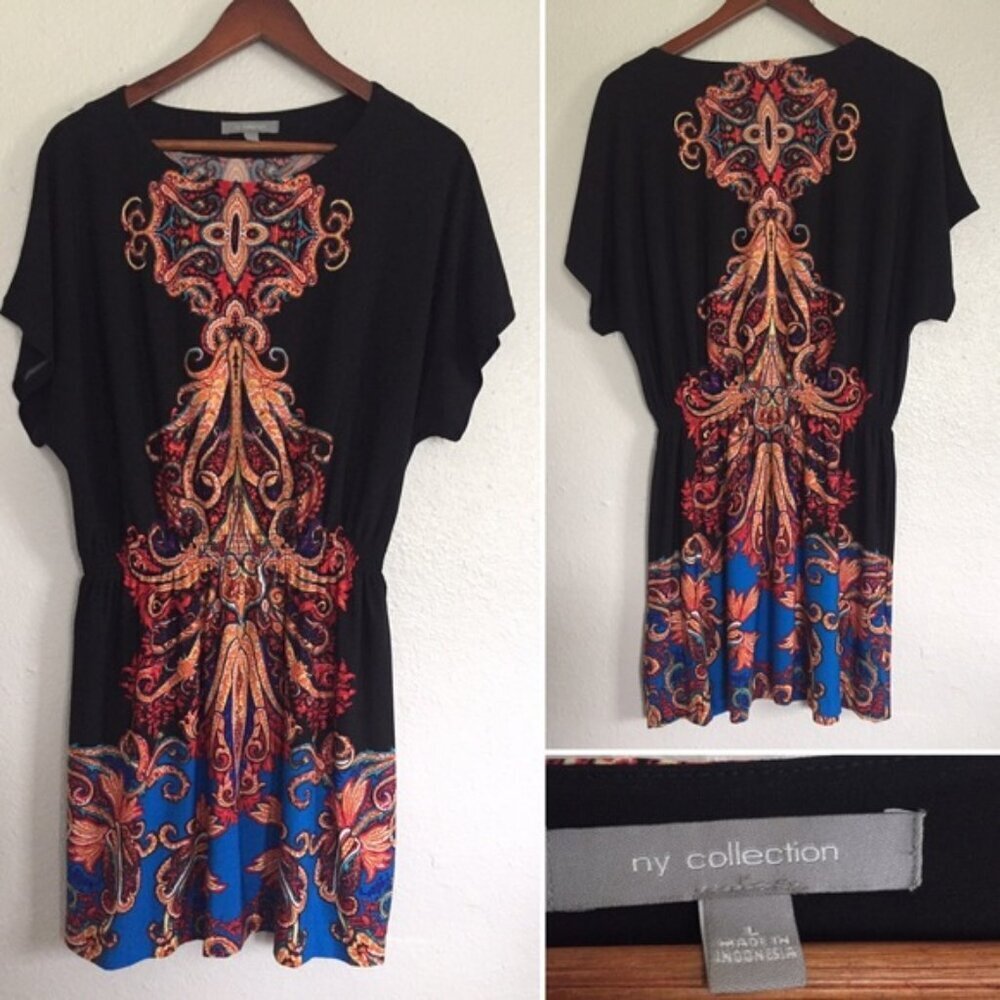 NY Collection Black Mandala Print Short Sleeve Dress Large